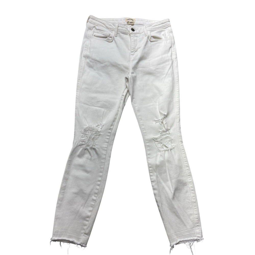 L'AGENCE Margot High Rise Skinny Jeans 29 White Distressed Raw Hem 2294KBDO